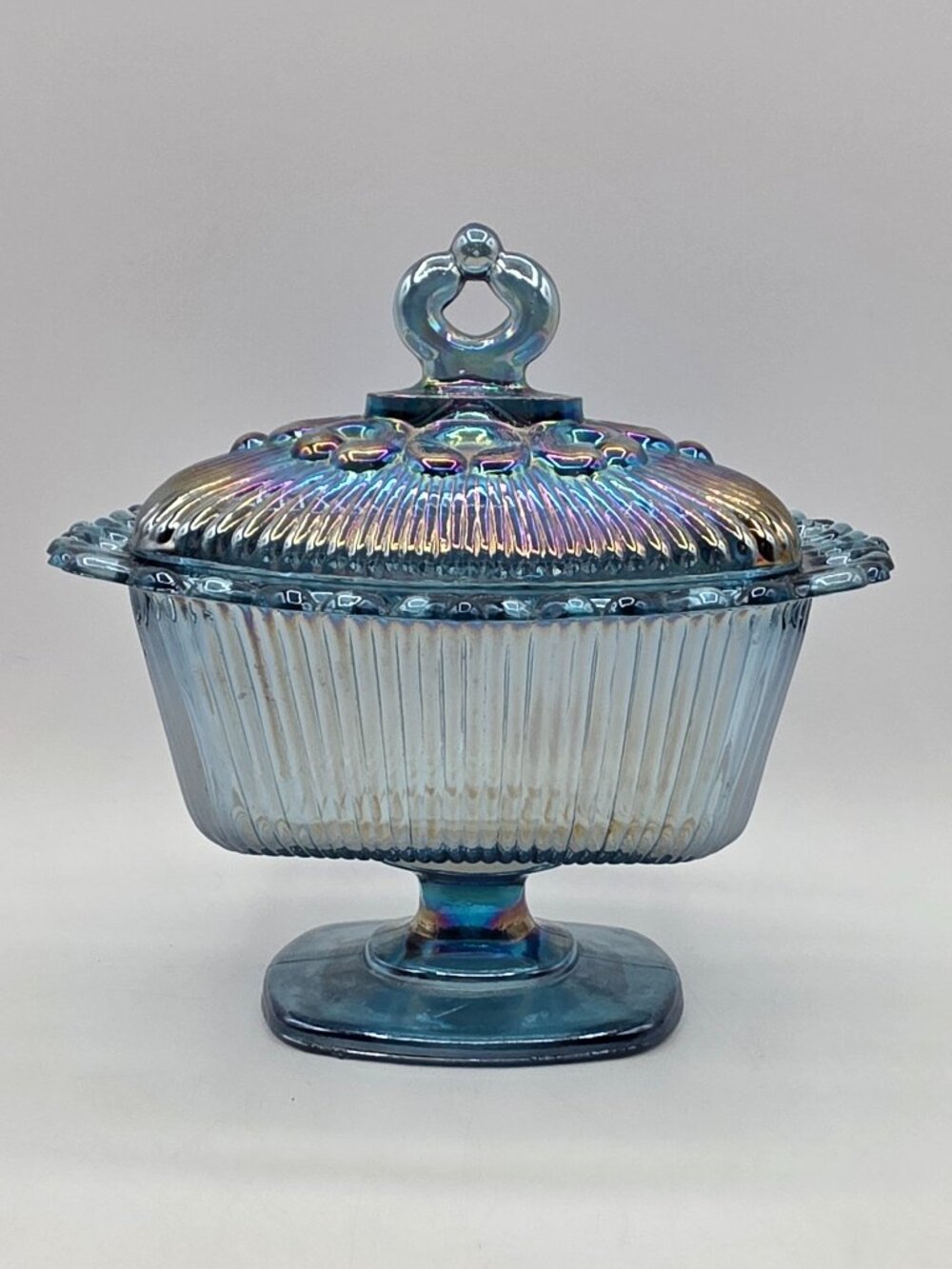 Vintage Indiana Glass Lace edge Iridescent Blue Glass Pedestal Candy Dish w/Lid